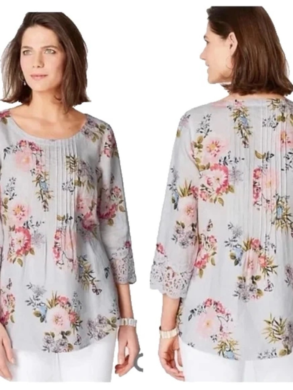 J. Jill Love Linen Floral Tunic Blouse Size 1X Lagenlook Pleated Cottage Birds